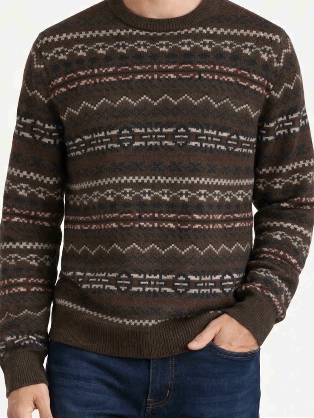 Lands’ End Men’s Large Fair Isle Sweater Brown Nordic Crewneck Knit NWT